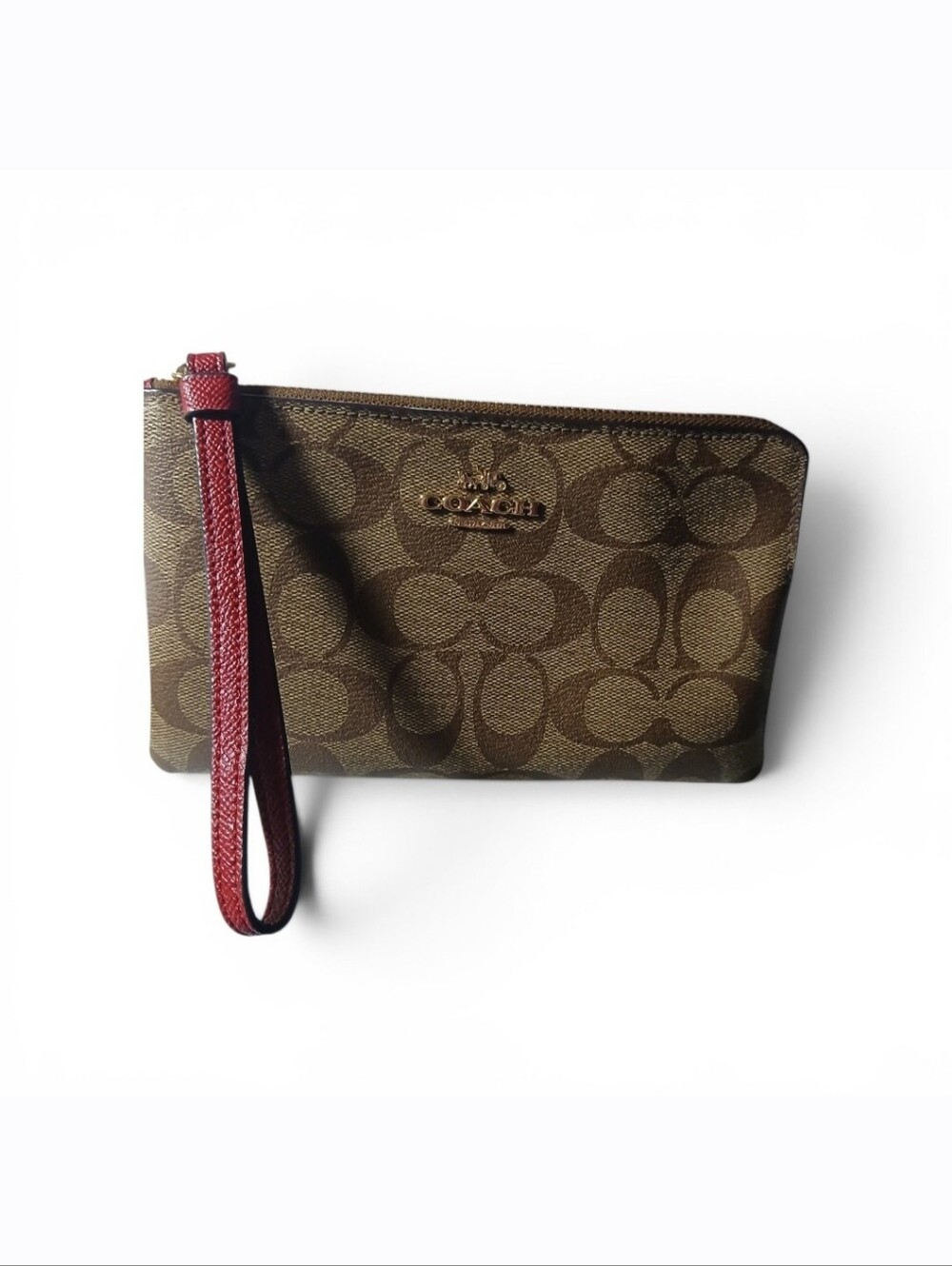 Coach Brown Signature Canvas Wristlet with Red Strap